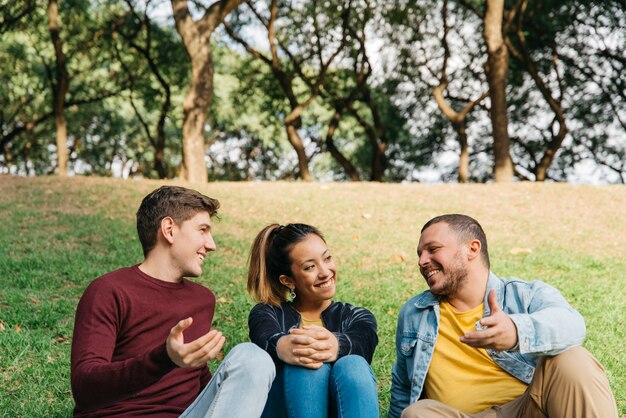 Multiethnische Freunde, die auf Gras im Park sprechen und sitzen