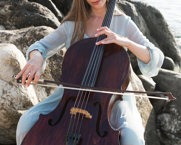 Kostenlose Foto musikerin auf felsen spielt cello