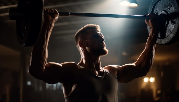 Muskulöser Mann, der im Fitnessstudio Gewichte hebt, generiert durch KI