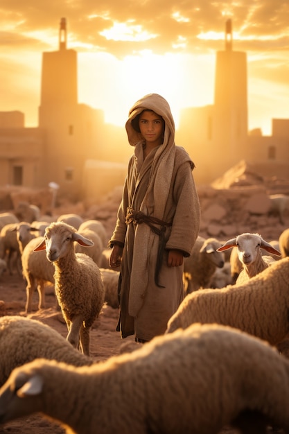 Kostenloses Foto muslimische menschen mit fotorealistischen tieren, die für das eid al-adha-offer vorbereitet wurden