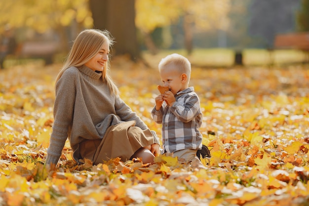 Mutter mit dem kleinen Sohn, der auf einem Herbstgebiet sitzt