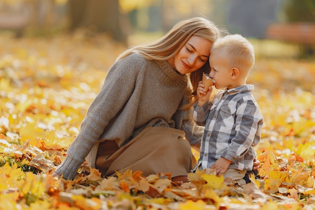 Mutter mit dem kleinen Sohn, der auf einem Herbstgebiet sitzt