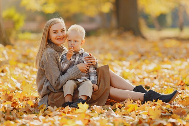 Mutter mit dem kleinen Sohn, der auf einem Herbstgebiet sitzt