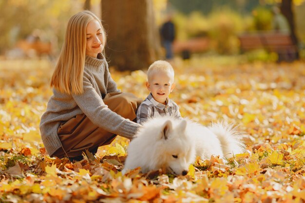 Mutter mit dem kleinen Sohn, der auf einem Herbstgebiet sitzt