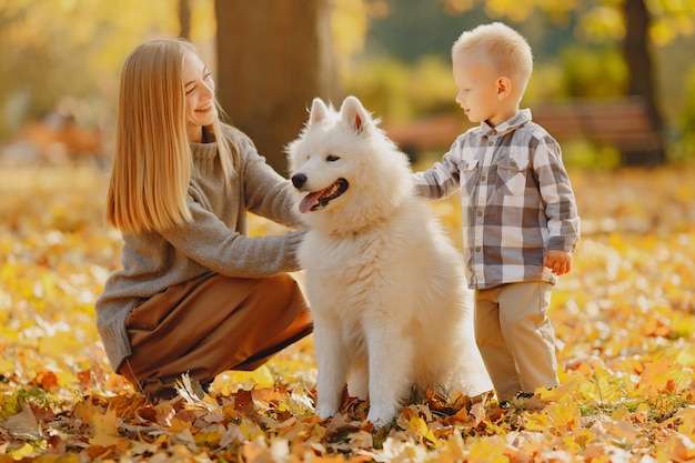 Mutter mit dem kleinen Sohn, der auf einem Herbstgebiet sitzt