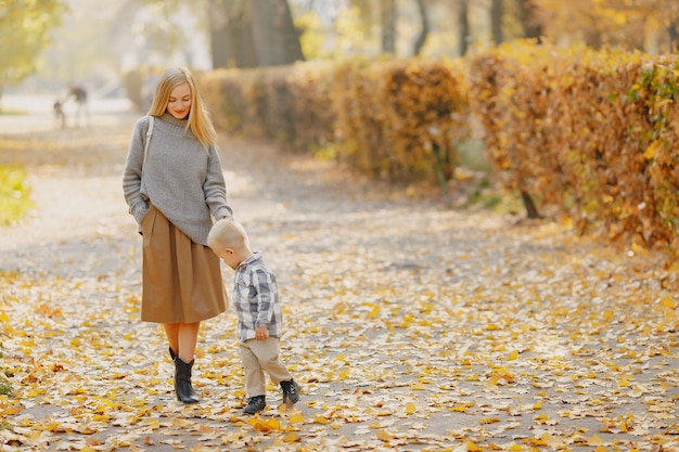 Mutter mit dem kleinen Sohn, der auf einem Herbstgebiet spielt