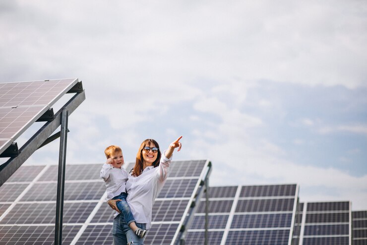 Kostenlose Foto mutter mit ihrem kleinen sohn an sonnenkollektoren