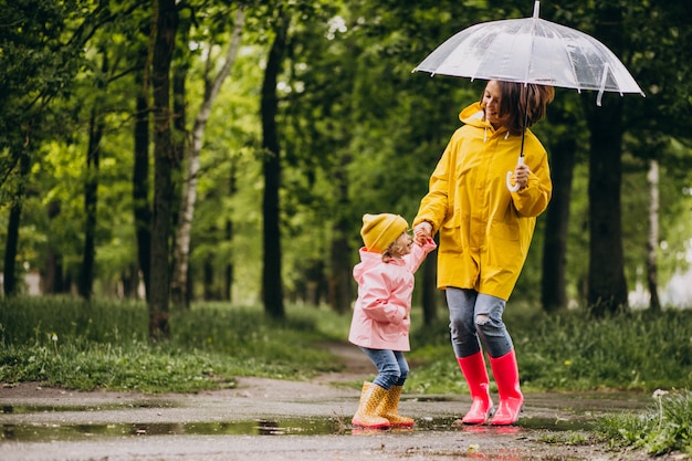 Mutter mit Tochter, die im Regen unter dem Regenschirm geht