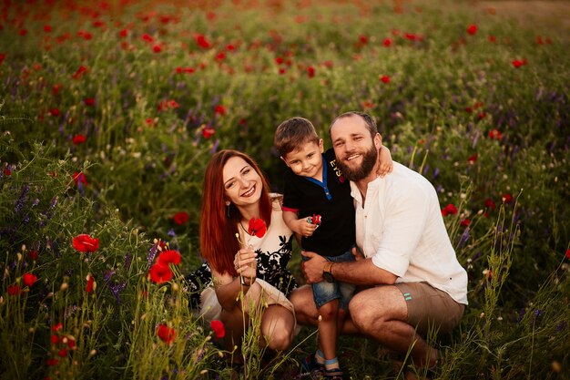 Mutter und Vati halten ihren kleinen Sohn auf den Armen, die auf dem grünen Feld mit Mohnblumen stehen