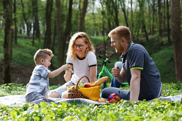 Mutter, Vati und ein kleiner Junge schmecken die Äpfel, die auf dem Gras während eines Picknicks im Park sitzen
