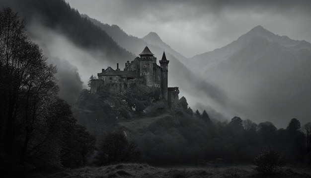 Mysteriöse alte Ruine auf einer nebligen Bergkette, die von der KI erzeugt wurde