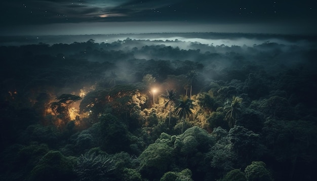 Mysteriöser Wald, beleuchtet von Mondlicht und Nebel, der von KI erzeugt wird