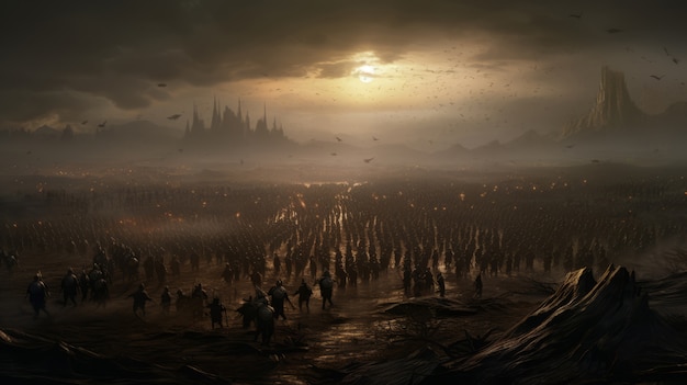 Mythische Videospiel-inspirierte Landschaft mit apokalyptischer Szene