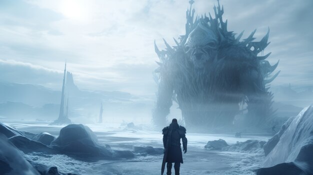 Mythische Videospiel-inspirierte Landschaft mit Eis-Kreatur