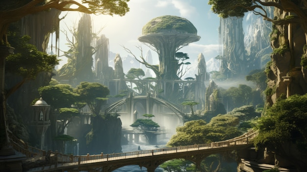 Mythische Videospiel-inspirierte Landschaft mit Stadt