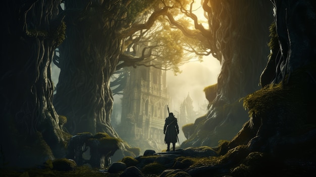 Mythisches Videospiel inspiriert Landschaft mit Mensch und Natur