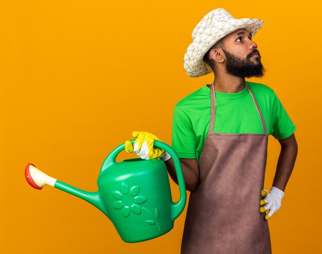 Nachschlagen eines jungen afroamerikanischen Gärtners mit Gartenhut und Handschuhen, der eine Gießkanne hält und die Hand auf die Hüfte legt, isoliert auf der orangefarbenen Wand