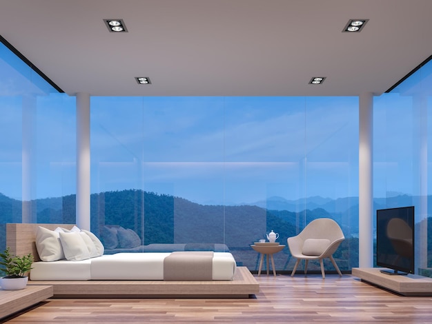 Nachtszene glashaus schlafzimmer mit bergblick 3d-rendering Premium Fotos