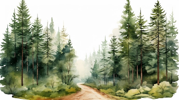 Nadelwald mit einem Pfad im Aquarell-Clipart-Stil