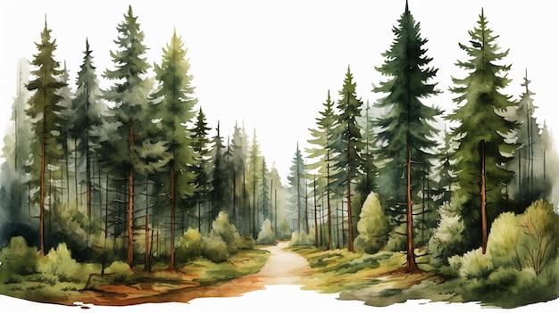 Kostenloses Foto nadelwald mit einem pfad im aquarell-clipart-stil
