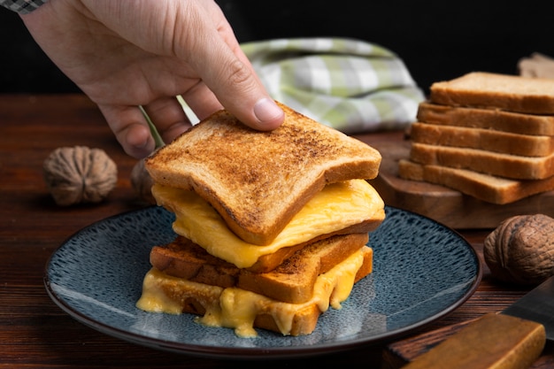 Nahaufnahme auf geschmolzenem Käse im Sandwich