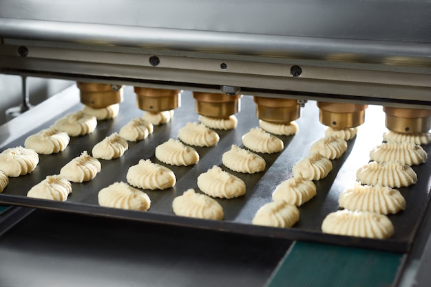 Nahaufnahme der Ausrüstung der Förderlinie, die aus rohem Teig kleine identische Kuchen macht. Sie liegen auf der schwarzen Schale auf der Förderstrecke in der Bäckerei.