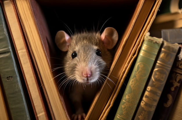 Nahaufnahme der entzückenden Ratte hinter Büchern