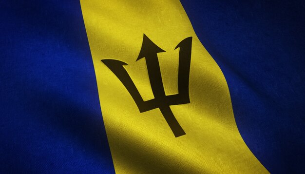 Nahaufnahme der Flagge von Barbados mit interessanten Texturen