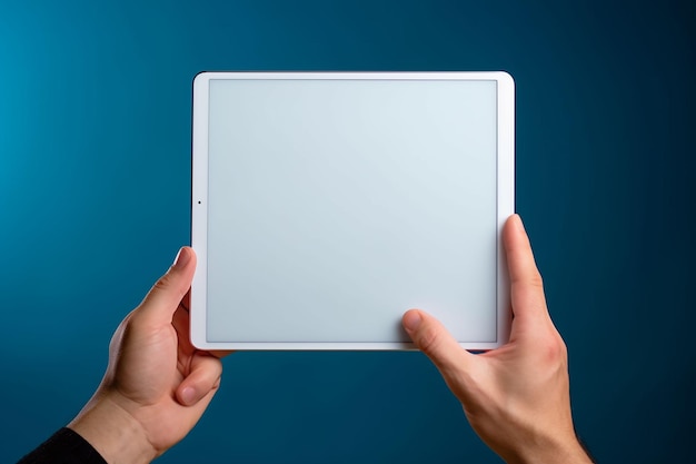 Kostenloses Foto nahaufnahme der hände, die ein horizontales ipad-tablet auf blauem hintergrund halten