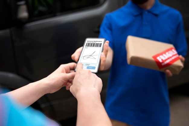 Nahaufnahme der Hände, die zerbrechliche Packung und Telefon halten holding