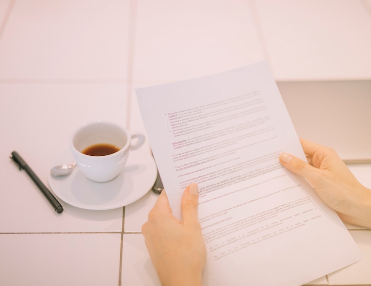 Kostenlose Foto nahaufnahme der hand der geschäftsfrau, die dokument in der hand mit stift und kaffeetasse auf tabelle hält