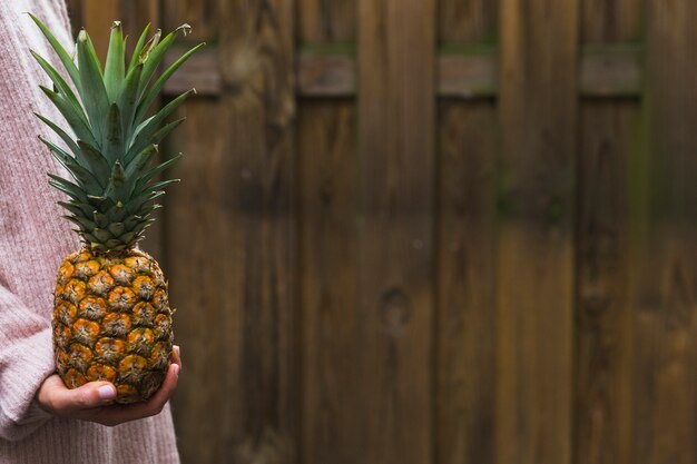 Nahaufnahme der Hand einer Person, die Ananas gegen hölzerne Wand hält