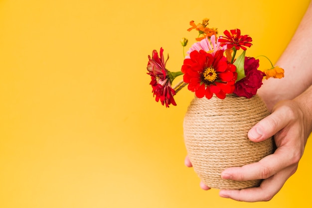 Nahaufnahme der Hand einer Person, die Blumenvase gegen gelben Hintergrund hält