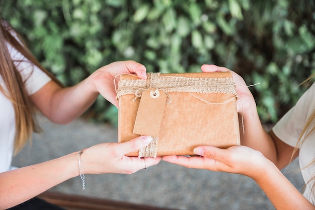 Kostenloses Foto nahaufnahme der hand zwei frauen, die braune geschenkbox hält