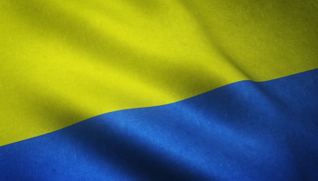 Nahaufnahme der realistischen Flagge der Ukraine mit interessanten Texturen