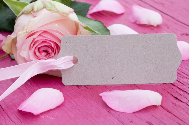 Nahaufnahme der schönen rosa Rose und der Blütenblätter auf einer rosa Holzoberfläche mit einer Karte mit Platz für Text