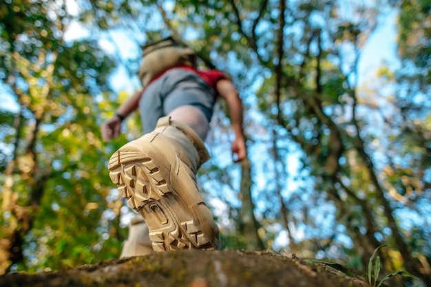 Nahaufnahme der Trekkingschuhe der Rückansicht des Wanderers, der auf dem Felsen im Waldweg mit Sonnenlichtkopierraum spazieren geht