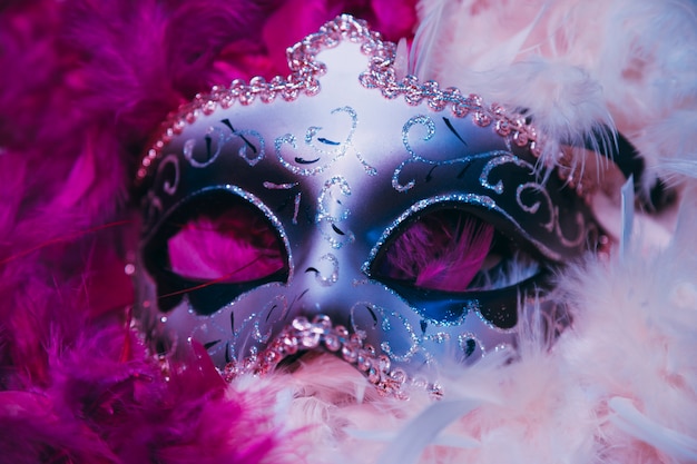 Nahaufnahme der venezianischen Maske des Karnevals auf weichen Federn