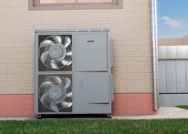 Nahaufnahme der Wärmepumpe außerhalb des Hauses