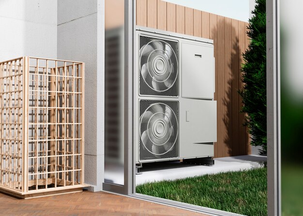 Nahaufnahme der Wärmepumpe außerhalb des Hauses