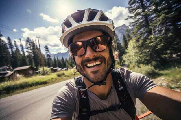 Nahaufnahme des Kopfes eines Radfahrers beim Fahrradfahren