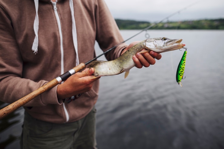 Kostenlose Foto nahaufnahme des mannes frisch gefangenen fisch mit köder halten