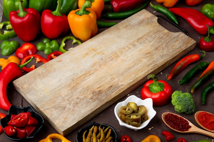 Kostenlose Foto nahaufnahme des schneidebretts mit paprika, brokkoli und sumach herum