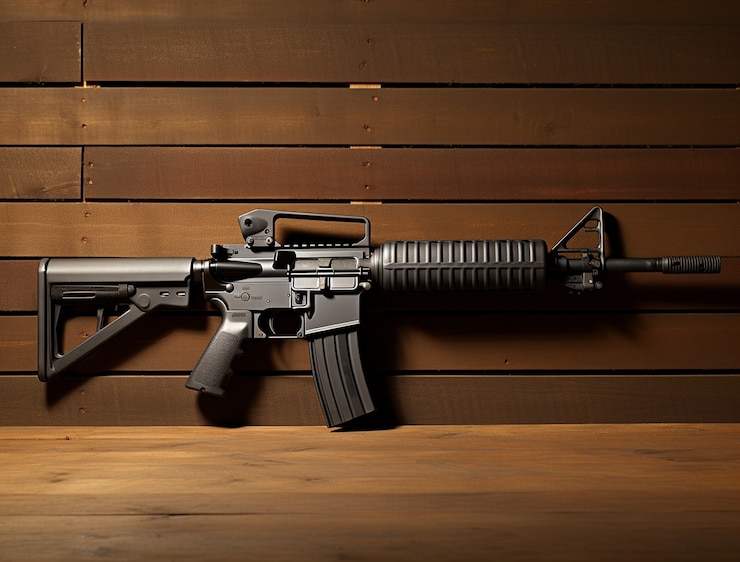 Kostenlose Foto nahaufnahme einer ak-47-waffe, die über einem holzbrett präsentiert wird