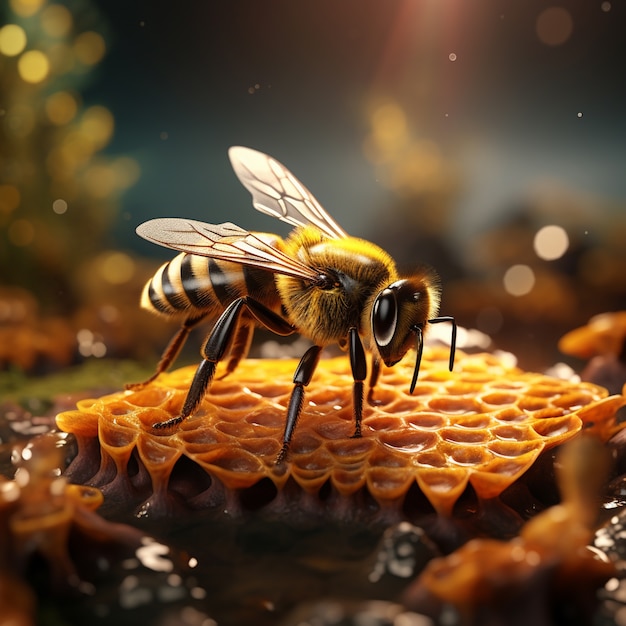 Nahaufnahme einer Biene, die einen Bienenstock mit Honig füllt