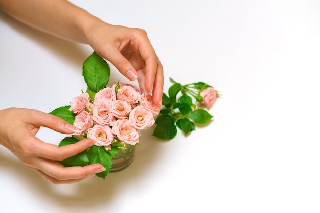 Nahaufnahme einer floristenhand einer jungen frau, die einen strauß rosa rosen auf einem hellen hintergrund kreiert ...