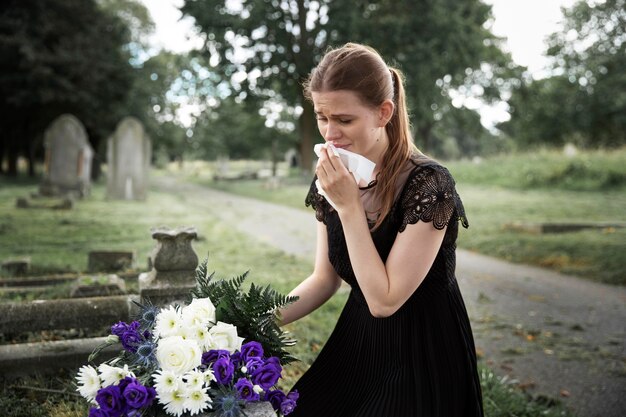 Nahaufnahme einer Frau, die das Grab eines geliebten Menschen besucht