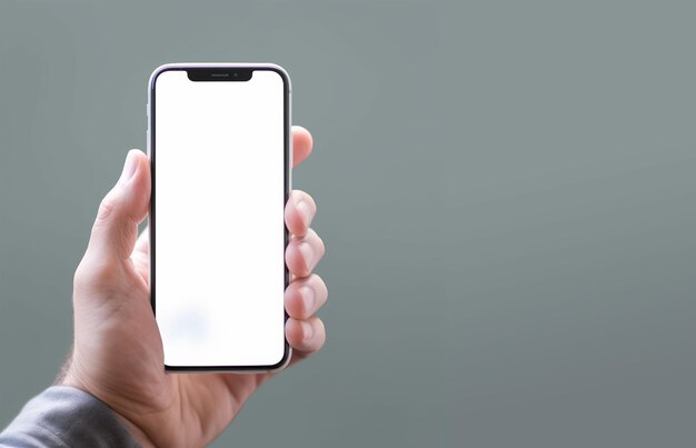 Nahaufnahme einer Hand, die ein iPhone mit leerem Bildschirm auf einfarbigem Hintergrund hält