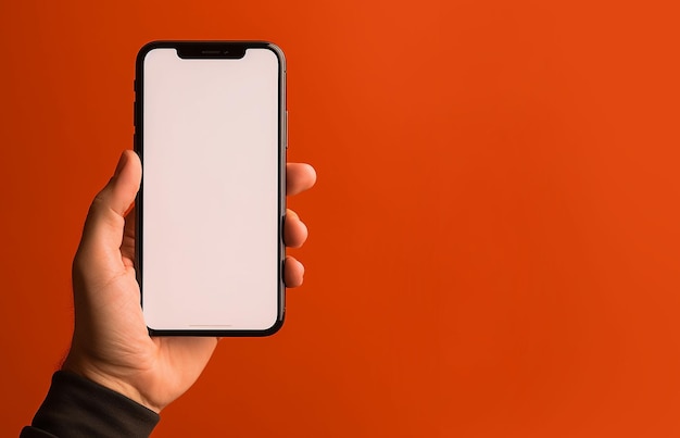 Kostenloses Foto nahaufnahme einer hand, die ein mobiltelefon auf orangefarbenem hintergrund hält