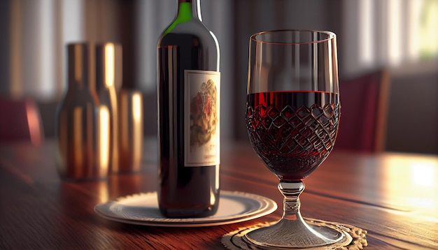 Nahaufnahme einer Luxus-Rotweinflasche auf einem Holztisch mit generativer KI